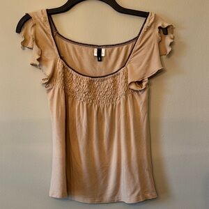 Divided Beige Ruffle-Trim Smocked Knit Blouse